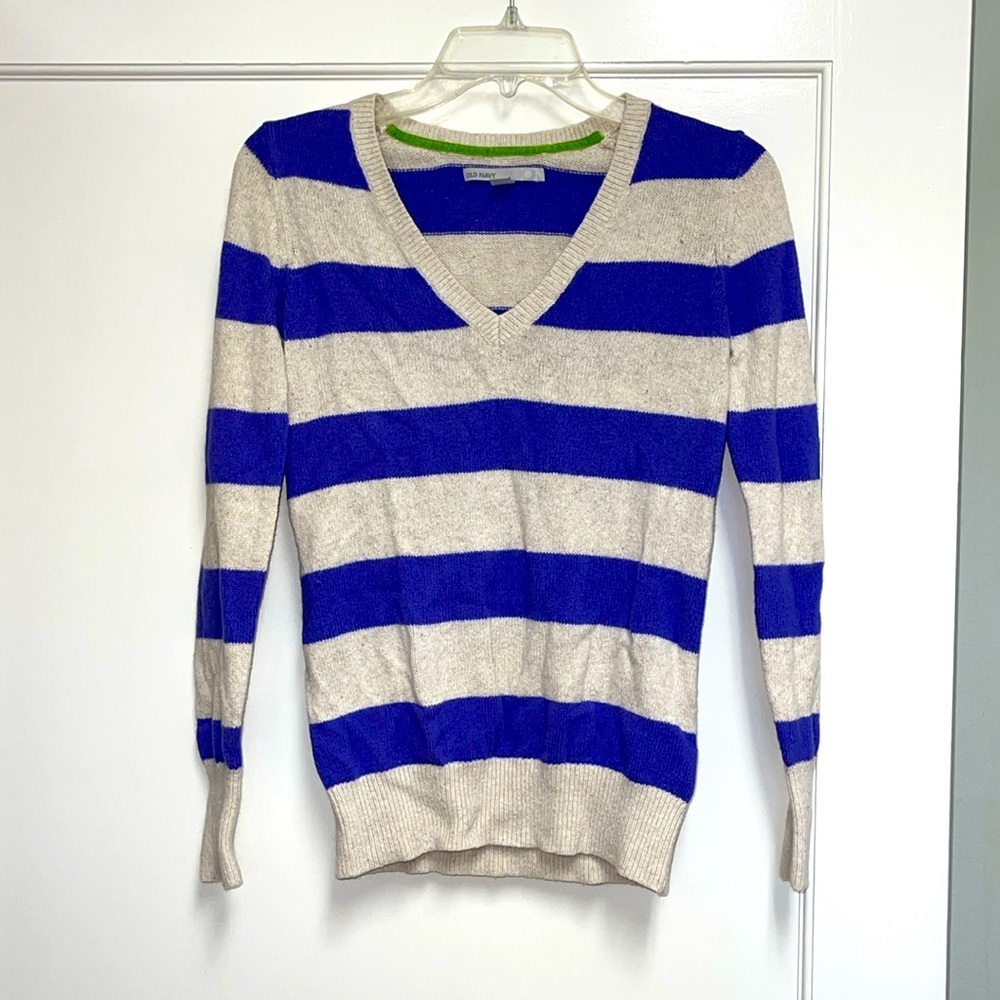 Purple striped V neck sweater